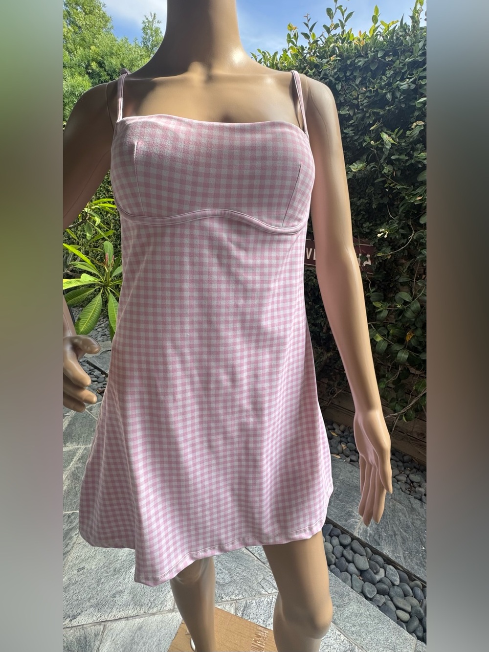 Pink Gingham Mini Dress with Adjustable Straps - Women Dresses Mini